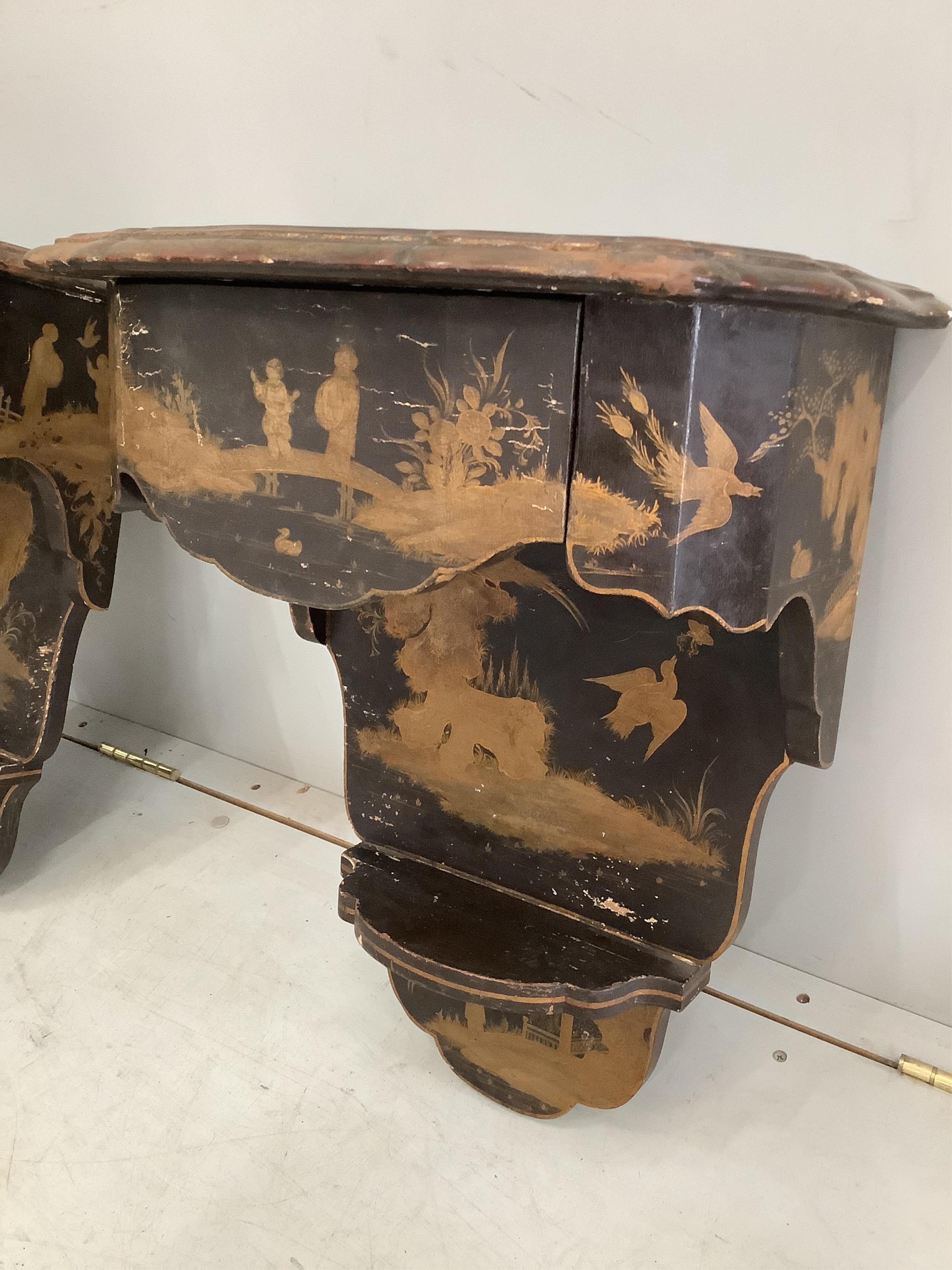 A pair of chinoiserie lacquer wall brackets each fitted single drawer, width 44cm, depth 29cm, height 56cm